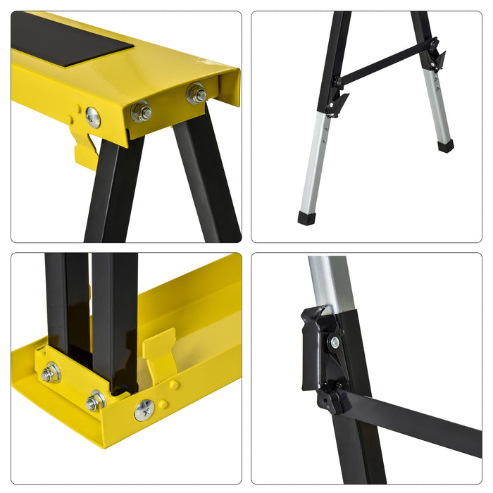 Folding Metal Saw Horse Twin Pack - Adjustable Workbench Trestle Stands with EVA Surface, 100kg Max Load - Ideal for Sawing and Woodworking Tasks