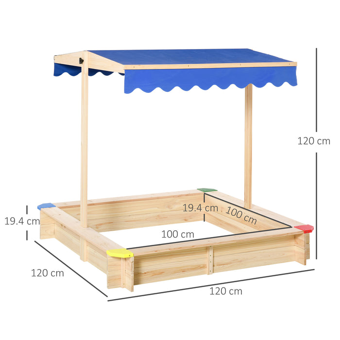 Children's Cabana Sandbox - Wooden Square Sandpit with Adjustable Canopy and Bench Seat - Outdoor Backyard Play Station for Kids Playtime Fun 120x120x120cm