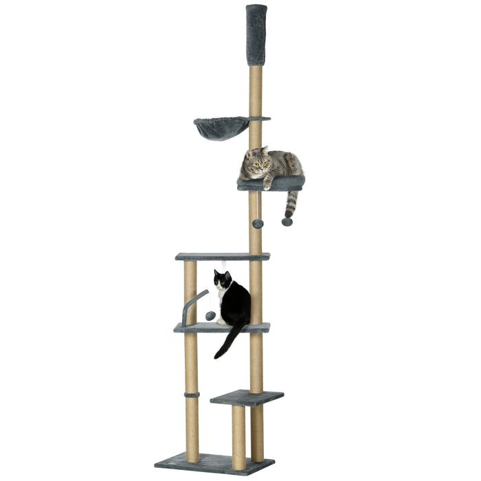 6-Tier Play Tower Climbing Activity Center - Durable Floor to Ceiling Cat Tree with Scratching Post, Hammock, Adjustable Height 230-250cm - Ideal for Feline Play and Relaxation in Grey