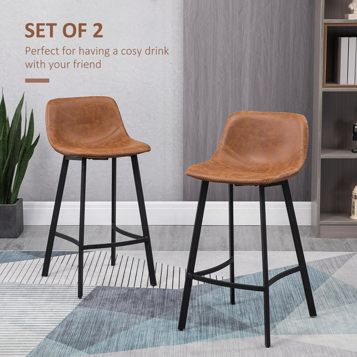 Industrial Kitchen Stool Pair - Upholstered Bar Chairs with Steel Legs and Supportive Back - Set of 2 Brown Bar Stools for Home and Entertainment Spaces