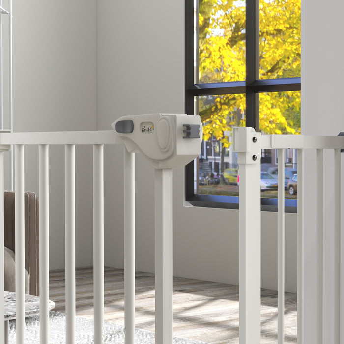 Adjustable Metal Dog Barrier 74-94cm - Sturdy Safety Pet Gate in White - Ideal for Keeping Dogs Secure in Home Spaces