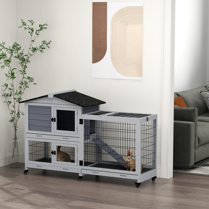 Portable Bunny Haven with Wheeled Base - Outdoor Indoor Rabbit Hutch with Play Run, Easy Clean Slide-Out Trays, and Access Ramp - Durable Grey Habitat for Pet Rabbits and Small Animals