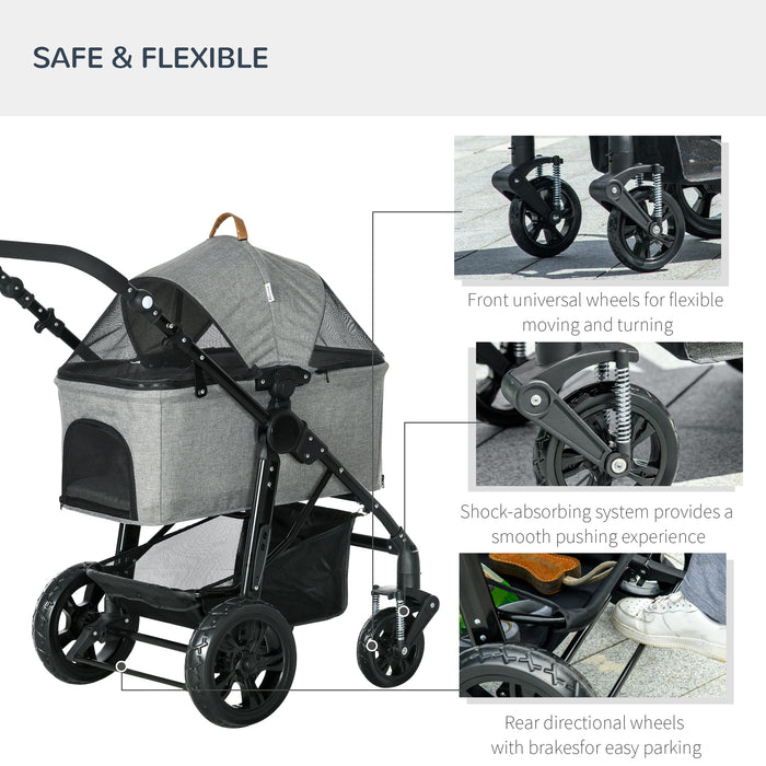 2-in-1 No-Zip Pet Stroller & Carrier - Detachable Bag, Shock-Absorbing Travel Trolley with Adjustable Handlebar and Safety Brake - Ideal for Pet Owners, Comfortable and Secure Transportation