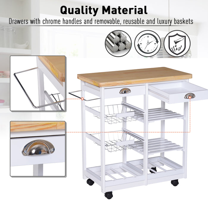 Kitchen Island Trolley Cart with Wine Rack - Rolling Storage Unit with Drawers, Shelves, and Basket on Wheels - Versatile Organizer for Home Chefs and Entertaining