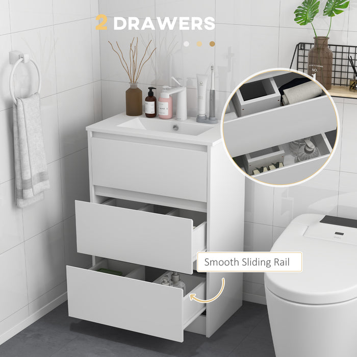 High Gloss White 600mm Vanity Unit with Basin - Sleek Floor Standing Bathroom Sink, Single Tap Hole - 2 Drawer Storage for Modern Home Restrooms