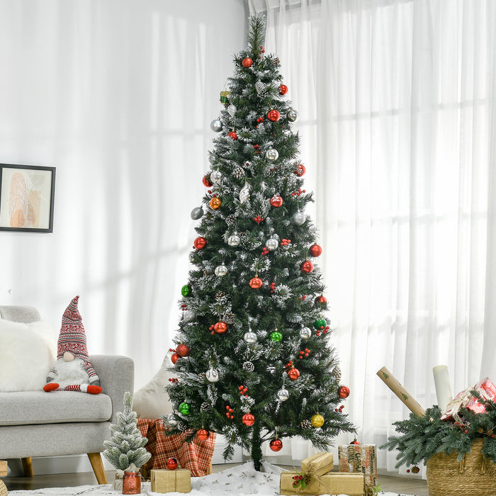 Slim Pencil Artificial Christmas Tree with Snow-Dipped Tips - 7ft Height, 738 Lifelike Branches, Pine Cones & Red Berries, Easy Auto-Open Feature - Perfect for Festive Home Decoration