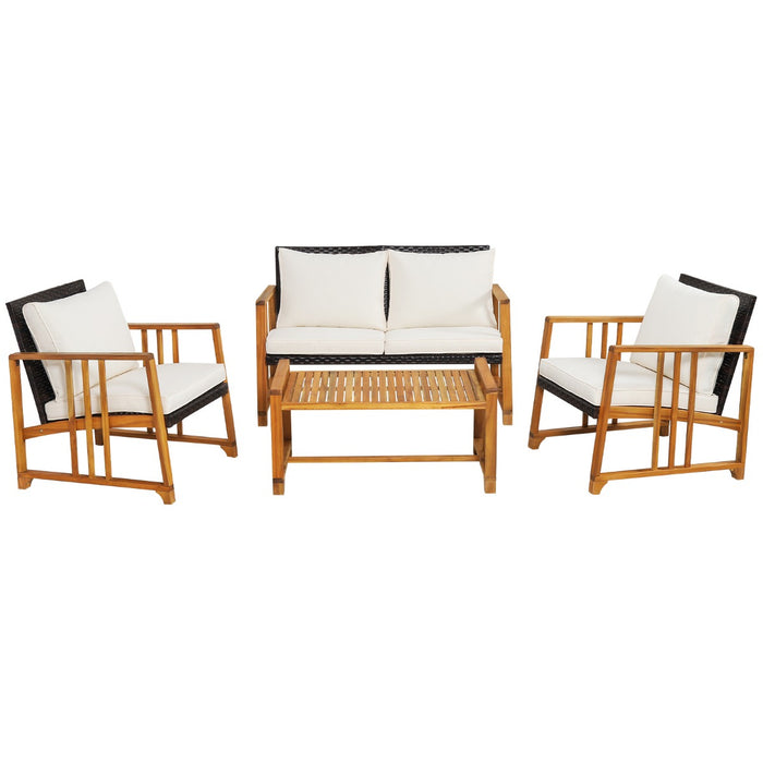 Outdoor Mix - Brown Rattan Furniture Set with Acacia Wood Frame and White Back Cushions - Ideal for Patio and Garden Seating Solutions