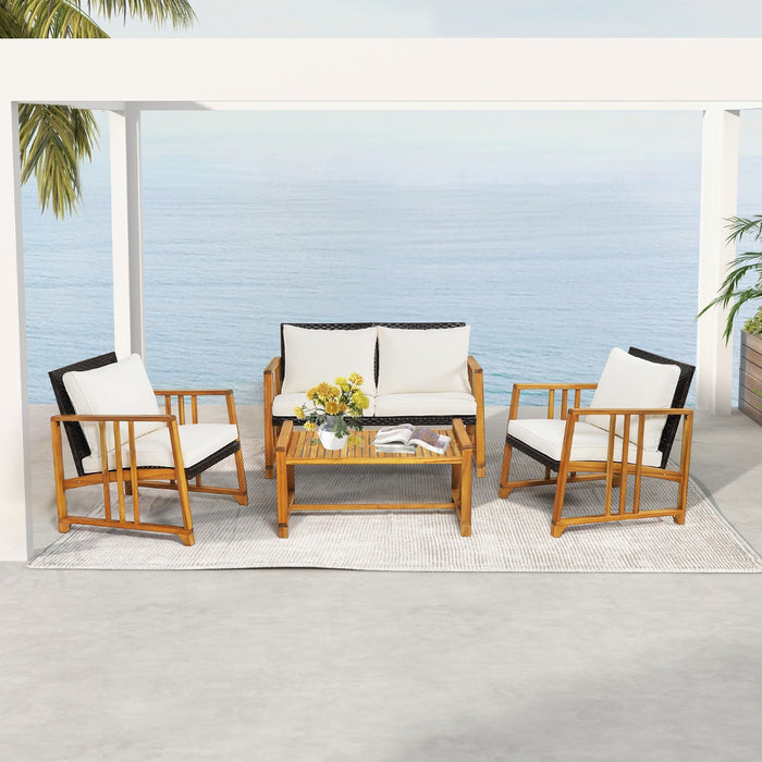 Outdoor Mix - Brown Rattan Furniture Set with Acacia Wood Frame and White Back Cushions - Ideal for Patio and Garden Seating Solutions