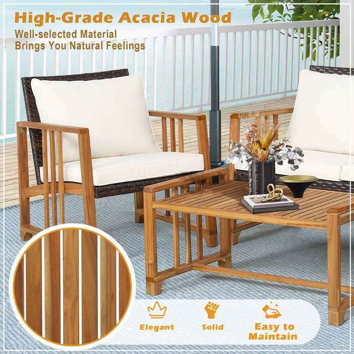 Outdoor Mix - Brown Rattan Furniture Set with Acacia Wood Frame and White Back Cushions - Ideal for Patio and Garden Seating Solutions