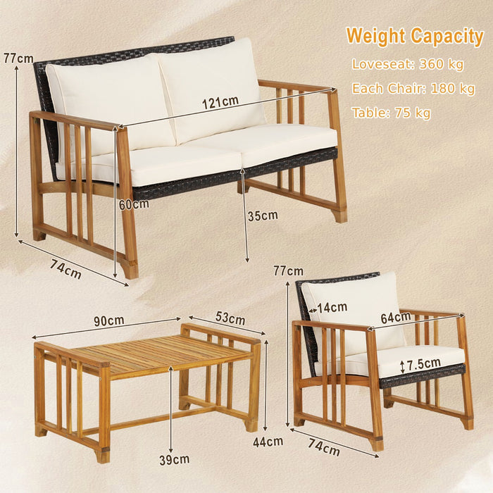 Outdoor Mix - Brown Rattan Furniture Set with Acacia Wood Frame and White Back Cushions - Ideal for Patio and Garden Seating Solutions