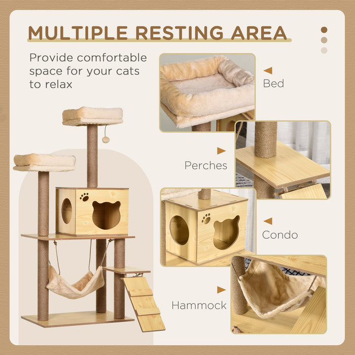 Multi-Level 130cm Cat Climbing Tower - Plush Structure with Scratching Posts, Perches, Condo & Play Ball - Ideal for Large Indoor Cats, Vibrant Yellow