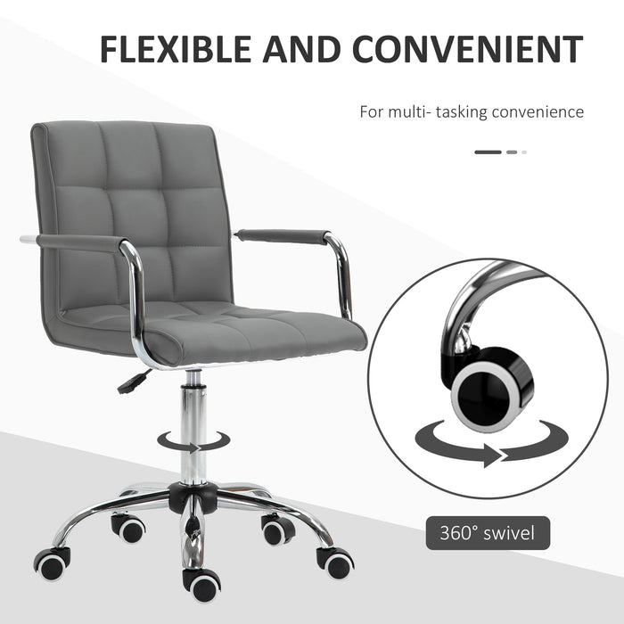 Ergonomic Mid-Back Swivel Chair in Grey PU Leather - Adjustable Height, Padded Armrests and Rolling Wheels - Ideal for Home Office and Computer Desks