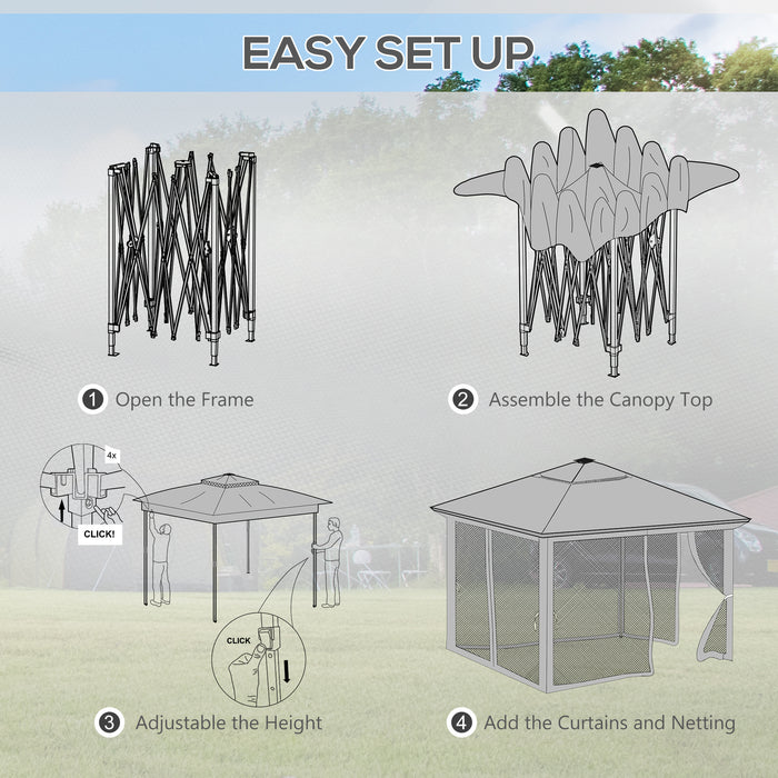 Adjustable 3x3m Pop-Up Gazebo Party Tent with Solar LED Lighting - Sturdy Event Shelter with Curtains and Netting in Grey - Ideal for Outdoor Gatherings and Celebrations