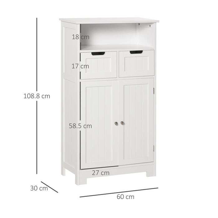 Freestanding Bathroom Cabinet with Adjustable Shelves - Slim Storage Cupboard Organizer with 2 Drawers - Ideal for Small Spaces and Clutter Reduction in White