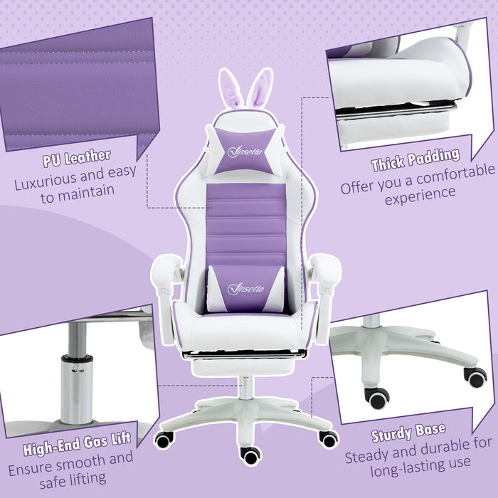 Racing Gaming Chair with Rabbit Ears - Reclining PU Leather Computer Chair, Footrest, Headrest & Lumbar Support, Purple - Ideal for Gamers & Home Office Use