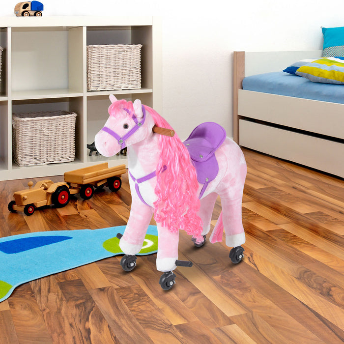 Plush Pink Horse Ride-On Toy with Sound Effects - Kid-Friendly Walking Horse Stuffed Animal - Fun Indoor & Outdoor Play for Children