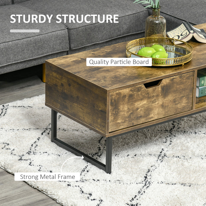 Industrial Chic Coffee Table - Rustic Brown Wooden End Table with Storage Shelf and Drawer, Metal Frame - Contemporary Living Room Furniture, Dimensions 106W x 48D x 43H cm