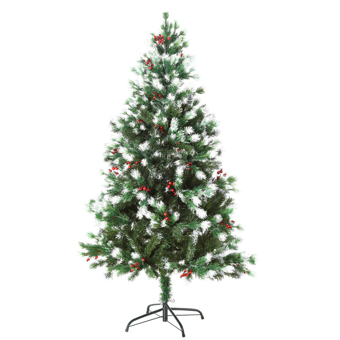 Artificial Snow-Flocked Pine Christmas Tree, 5ft with Red Berries - Festive Green Holiday Decor - Perfect for Home and Office Yuletide Celebrations