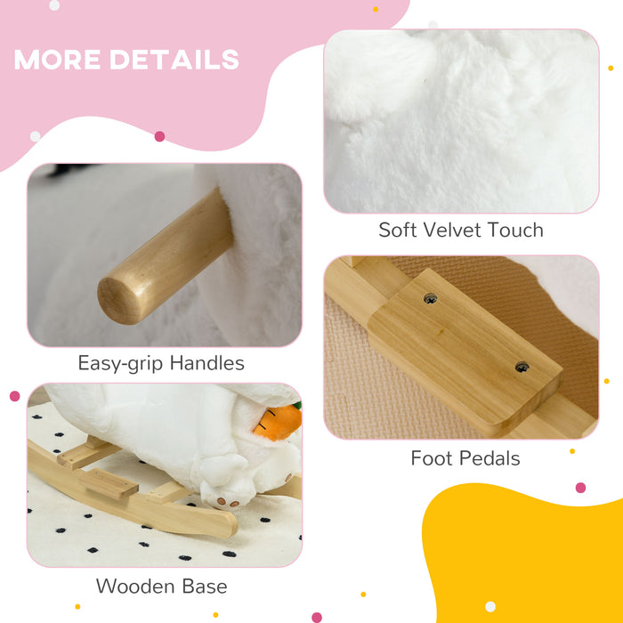 Plush Rabbit-Shaped Rocking Horse with Safety Harness - Interactive White Rocker with Realistic Sounds and Foot Pedals - Ideal for Toddlers 18-36 Months