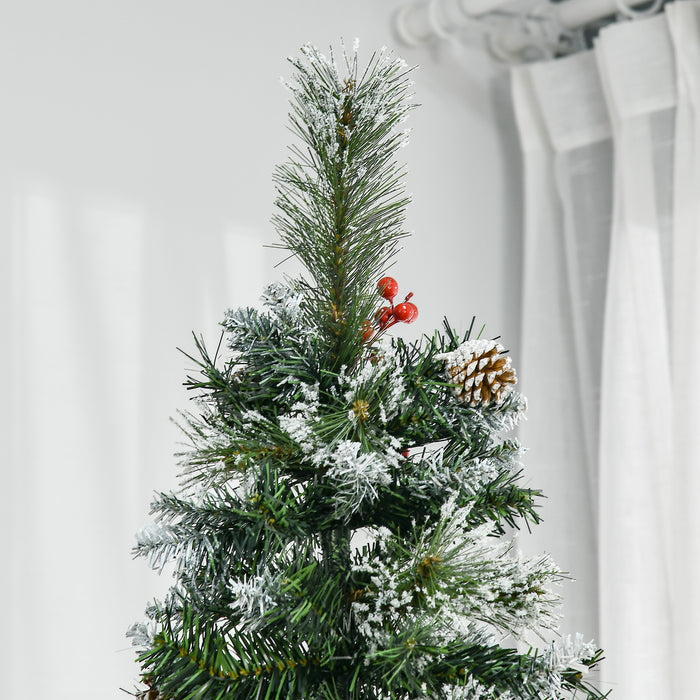 Slim Pencil Artificial Christmas Tree with Snow-Dipped Tips - 7ft Height, 738 Lifelike Branches, Pine Cones & Red Berries, Easy Auto-Open Feature - Perfect for Festive Home Decoration
