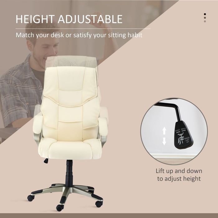 Ergonomic Faux Leather High-Back Office Chair - Adjustable Height, Rocking Feature, Computer Desk Seating in Cream White - Ideal for Home Office Comfort and Style