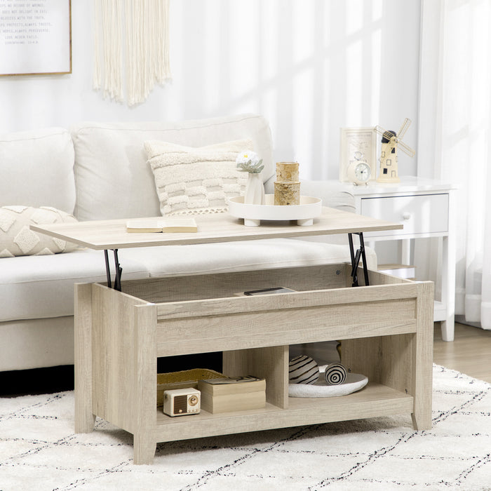 Lift-Top Oak Coffee Table - Hidden Storage, Pop-Up Tabletop, and Open Shelving - Versatile Living Room Centerpiece