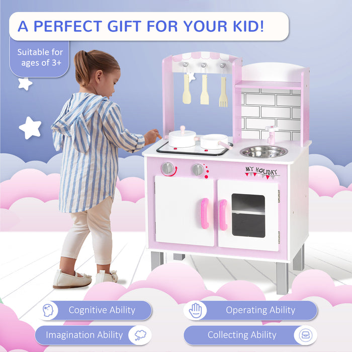 Wooden Kids Play Kitchen Set with Cooking Sounds - Complete Pretend Playset with Utensils, Pans, and Storage - Ideal for Children's Role Play and Learning, Age 3+, in Pink