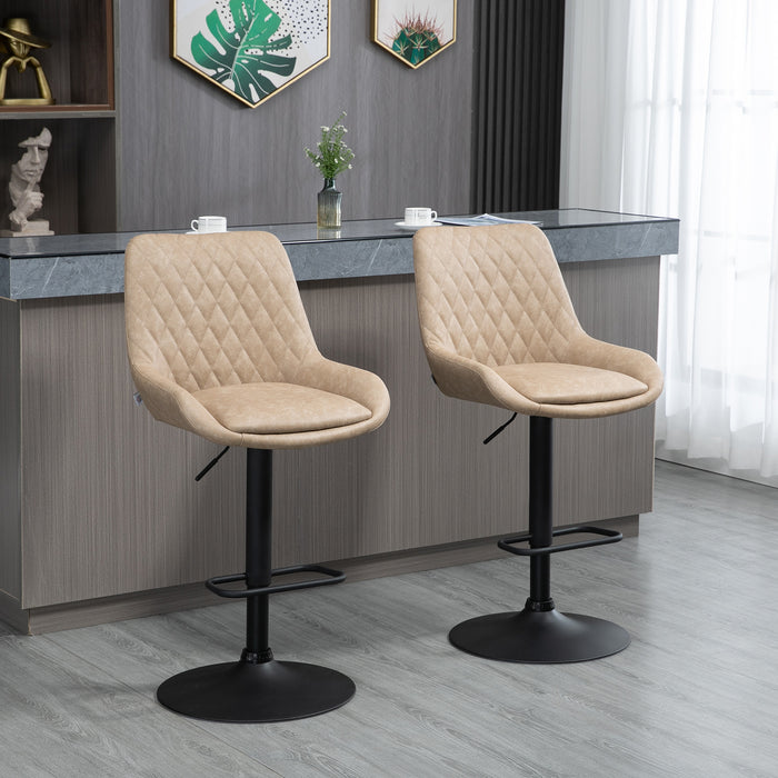 Adjustable Retro Bar Stools Set of 2 - Upholstered Swivel Kitchen Chairs with Backs in Light Khaki - Perfect for Home Bars and Kitchen Islands
