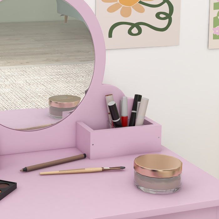 Kids Vanity Table & Stool Set - Cat-Themed Design with Mirror, Drawer, & Storage Boxes - Perfect for Children Aged 3-6 Years, Pink