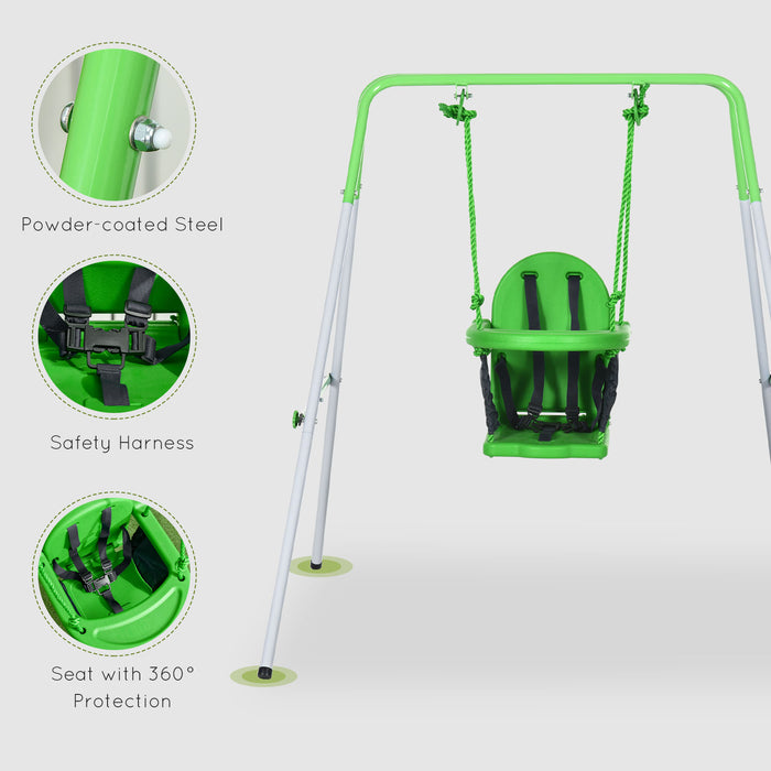 Steel Green Nursery Swing - Durable Outdoor Baby Swing with Safety Seat Belt & Supportive Back - Ideal for Playgrounds & Backyard Fun