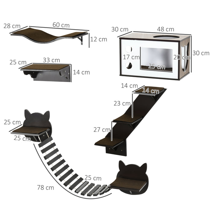 Cat Wall Shelves 5-Piece Set - Curved Platform, Condo, Bridge, Stairs & Perch - Space-Saving Wall-Mounted Cat Tree for Indoor Cats, Brown