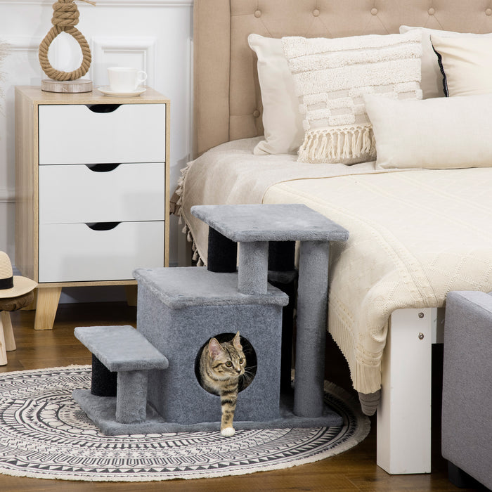 Adjustable 3-Step/4-Step Cat Stairs with Hanging Ball - Multifunctional Pet Steps for Bed and Sofa, Detachable Cover, 60x40x66 cm in Grey - Ideal for Cats and Small Pets for Easy Access and Comfort