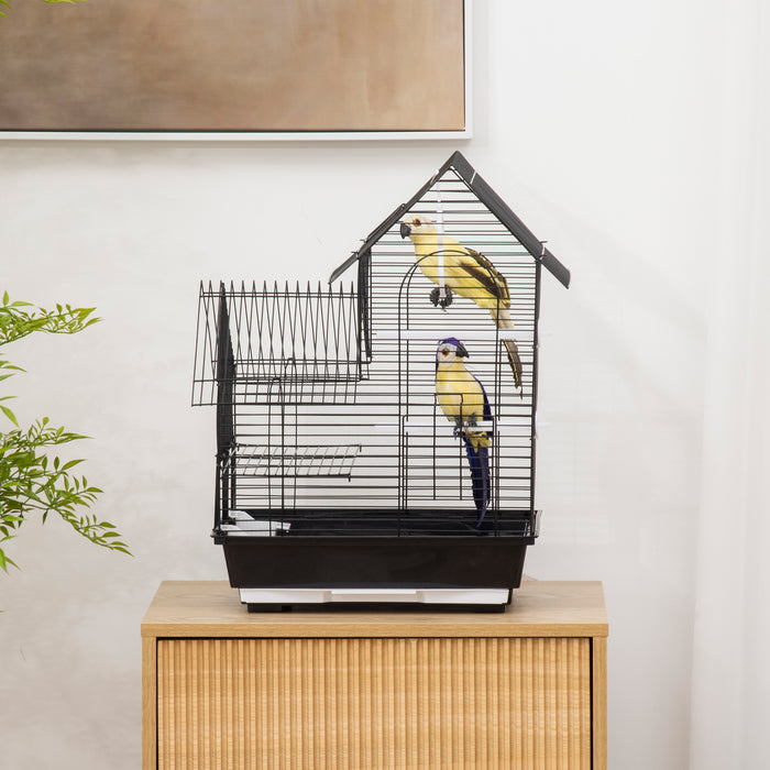 Sturdy Metal Bird Cage with Stand - Parrot Cockatiel Budgie Finch Canary Home with Food Containers, Swing, Ring, and Tray - Portable Design with Handle for Easy Relocation