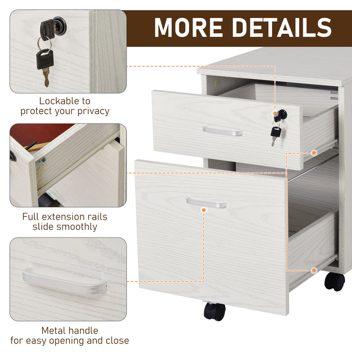 Lockable 2-Drawer Filing Cabinet with 5 Wheels - Rolling Office Storage for Legal & Letter Files - Sleek White Cupboard for Home Organization