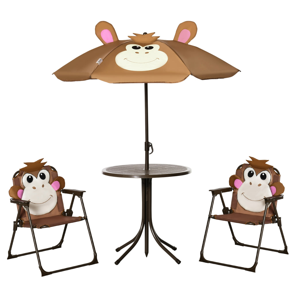 Outdoor Kids Picnic Table and Chair Set with Monkey Motif - Foldable Garden Furniture with Adjustable Sunshade for Children - Perfect for Ages 3 to 6, Brown
