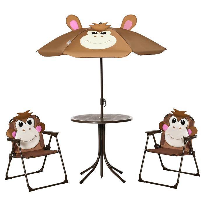 Outdoor Kids Picnic Table and Chair Set with Monkey Motif - Foldable Garden Furniture with Adjustable Sunshade for Children - Perfect for Ages 3 to 6, Brown