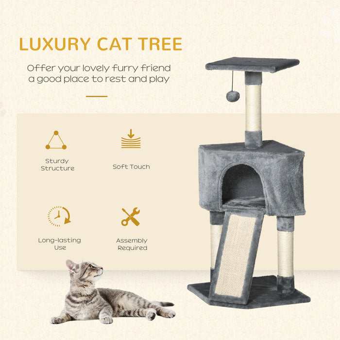 3-Tier Cat Scratching Post with Sisal Rope - Includes Hanging Play Toy, Grey - Ideal for Claw Maintenance & Playful Kittens