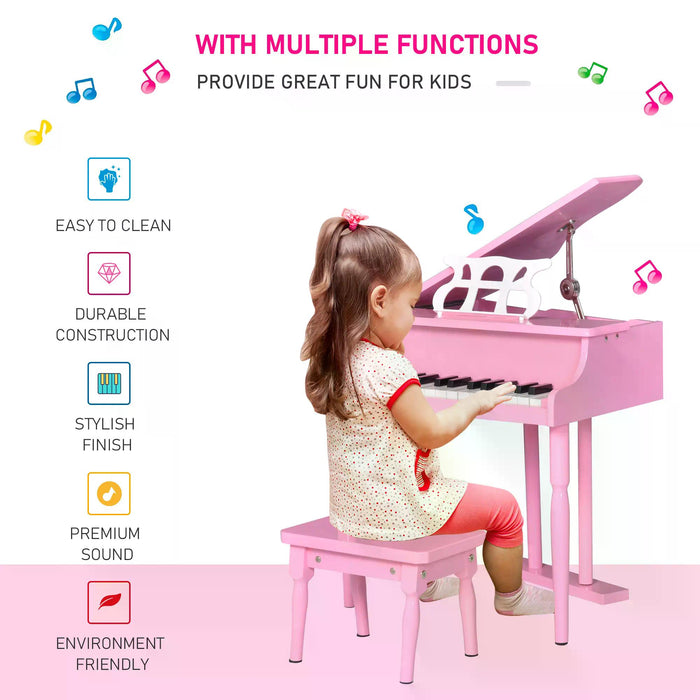Kids' 30-Key Grand Piano Playset with Bench - Miniature Musical Instrument Toy with Music Stand - Ideal for Aspiring Young Musicians and Perfect Gift for Children in Pink