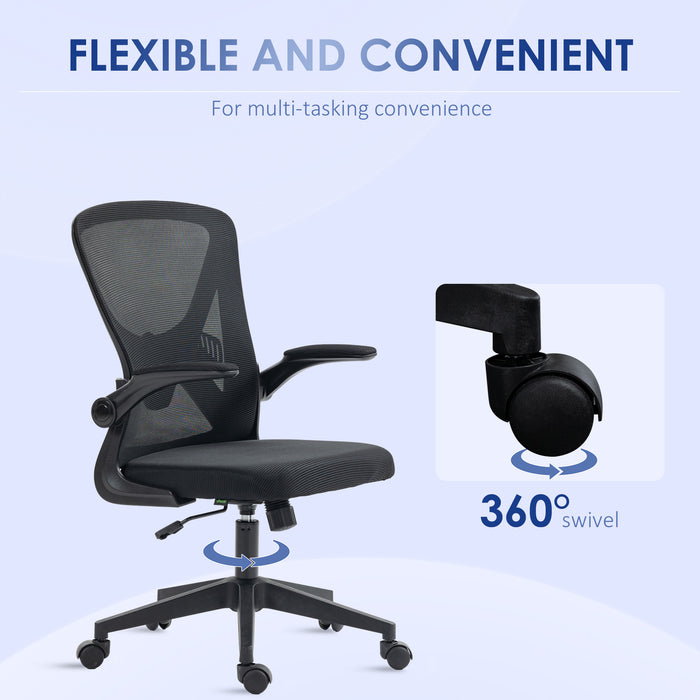 Ergonomic Mesh Office Chair with Flip-up Armrests - Computer Desk Chair with Lumbar Support & 360° Swivel Wheels, Black - Ideal for Comfortable Working Environments