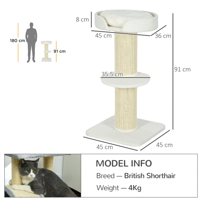 2-Tier Sisal-Sherpa Cat Tree with Basket and Cushioned Sisal Post - Cream White Cozy Pet Furniture - Ideal for Scratching, Lounging, and Entertainment for Your Feline Friends