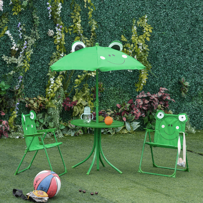 Kids Picnic Table and Chair Set with Frog Pattern - Folding Design & Adjustable Sun Umbrella Included, Green - Perfect for Outdoor Activities and Sun Protection