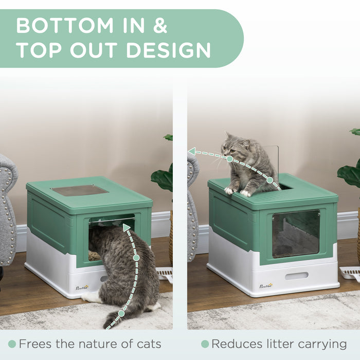 Portable Hooded Cat Litter Box with Scoop - Front Entry and Top Exit Design, Spacious Pet Toilet - Ideal for Privacy-Loving Cats, 47.5x35.5x36.7cm, Green
