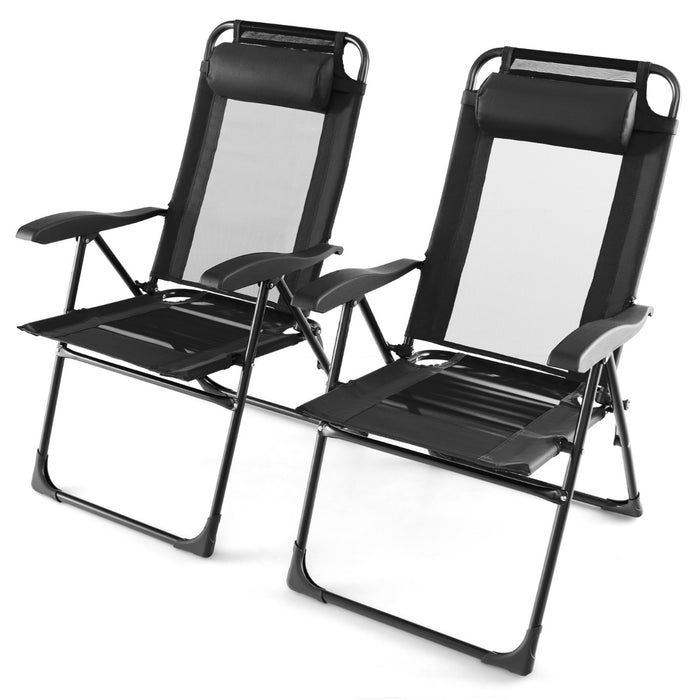 Grey Patio Folding Chairs Set of 2 - With Wide Armrests and 7-Level Adjustable Backrest - Ideal for Camping, Backyard, and Garden Relaxation