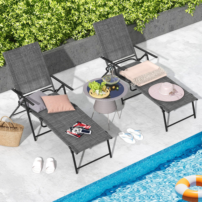 Grey Patio Folding Chaise Lounge Chairs - 6-Level Adjustable Backrest, Solid Metal Frame - Ideal for Relaxing in the Garden or Poolside