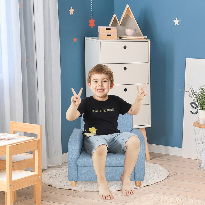 Kids Sofa Armchair with High Back - Mini Blue Couch with Anti-Slip Wooden Legs for Children - Perfect for Bedroom & Playroom, Ages 3-6