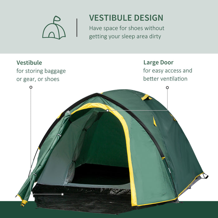 2-Person Dome Camping Tent - Large Windows, Waterproof Design in Green and Yellow - Ideal for Outdoor Adventures and Festivals