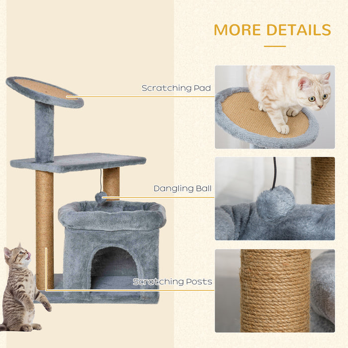 Kitten Activity Center with Scratching Posts - Multi-Level Cat Tree Tower with Condo Perch Bed & Interactive Ball Toy, 48x48x84cm - Ideal for Playful Cats and Kittens, Grey