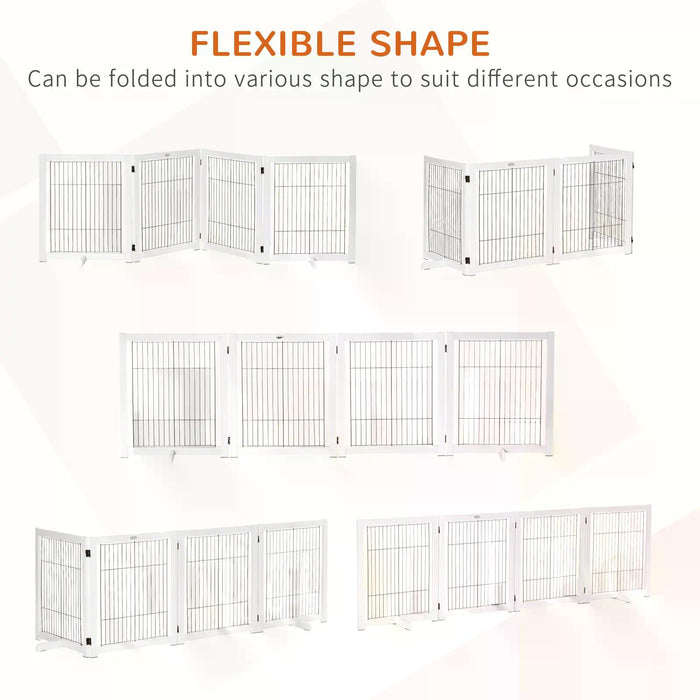Foldable Wooden Dog Gate for Small & Medium Pets - 4 Panel Pet Fence with Support Feet - Safety Barrier for Home, Doorways & Stairs, White
