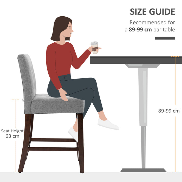 Modern Padded Bar Stools (Set of 2) - Thick Cushioning with Elegant Tufted Back and Sturdy Wooden Legs in Grey - Ideal for Kitchen Counter and Home Bar Comfort Seating