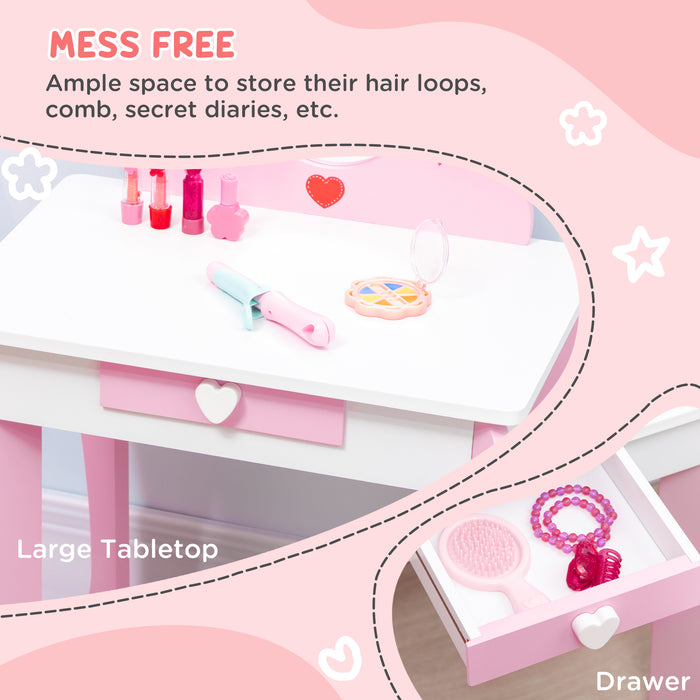 Kids Vanity Table and Stool Set - Pink Makeup Desk with Mirror, Drawer, and Cute Patterns - Ideal for Girls Aged 3-6 Years Old